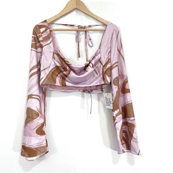 ASOS DESIGN Long Sleeve Cowl Front Pink Marble Crop Top US 6 - Picture 4 of 10